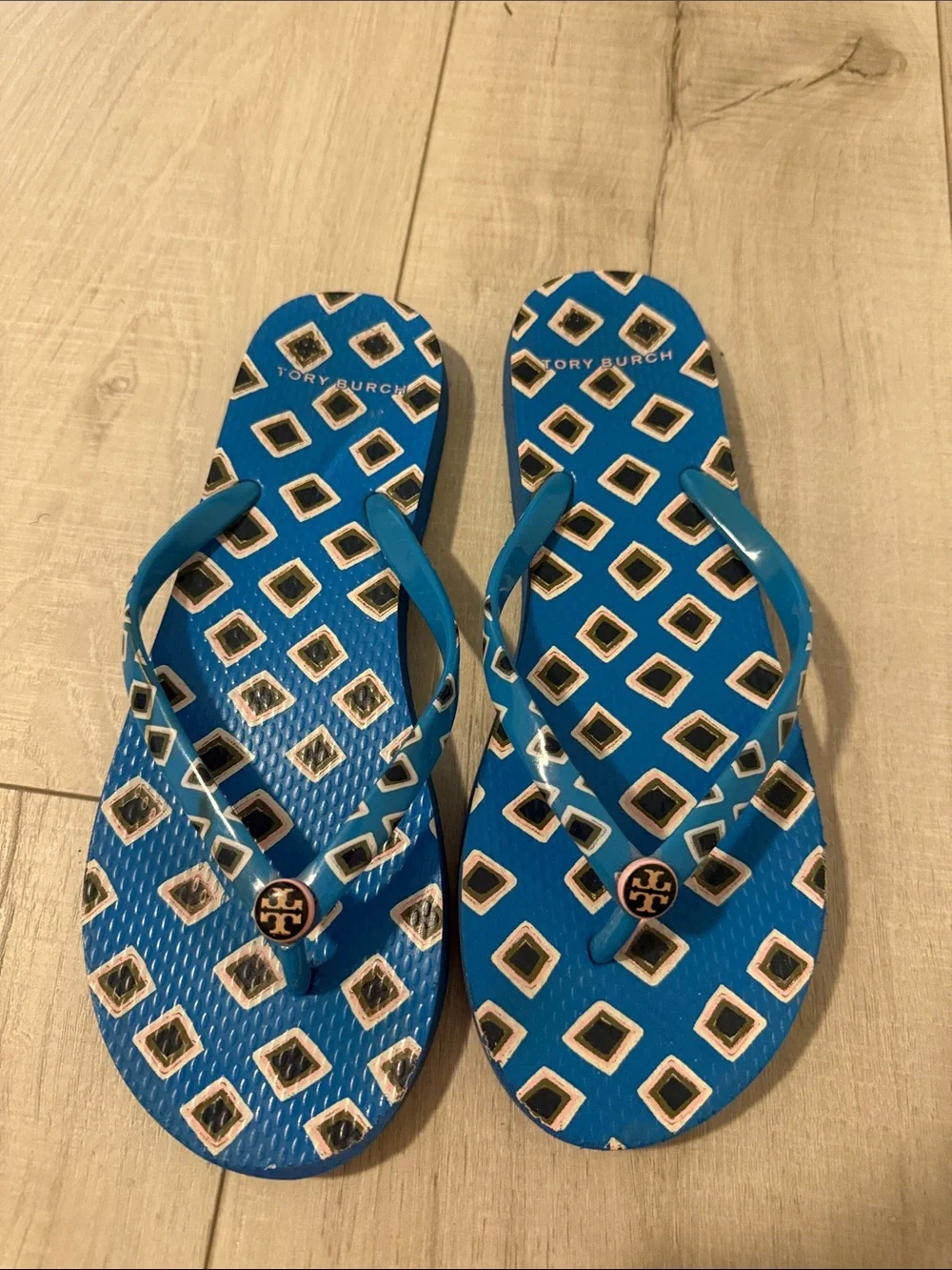 Tory Burch Teal Blue Geometric Logo Flip Flops